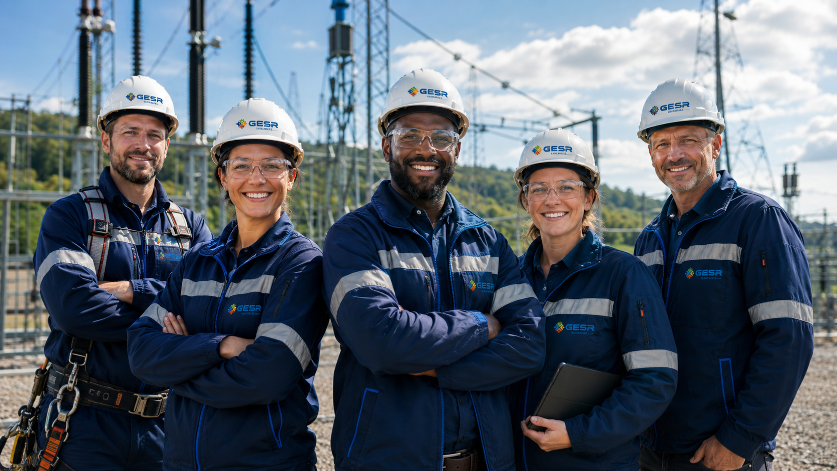 Équipe GESR Energies devant un poste de transformation haute tension